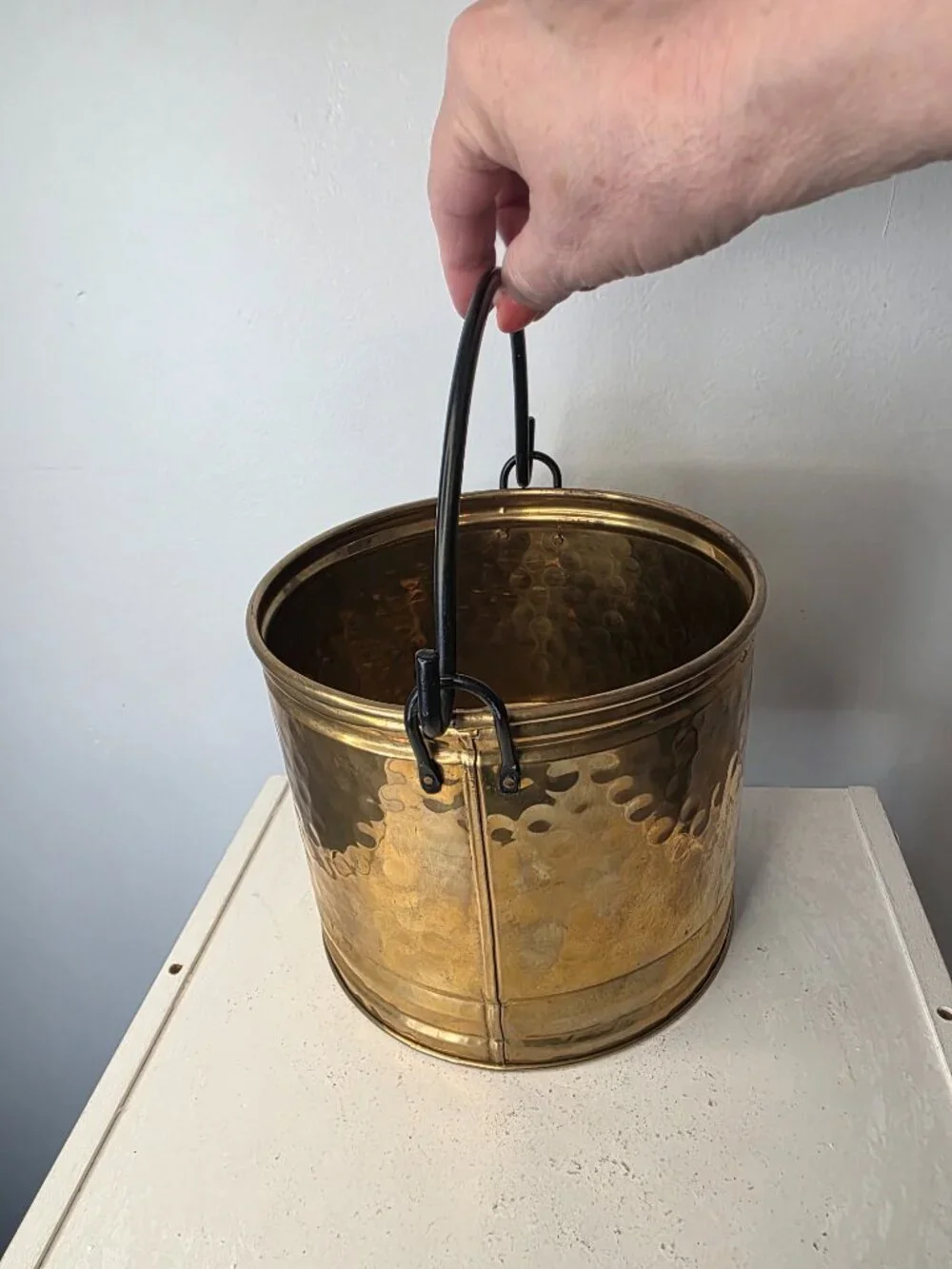 Hammered Brass Pail Bucket Black Metal Handle 6